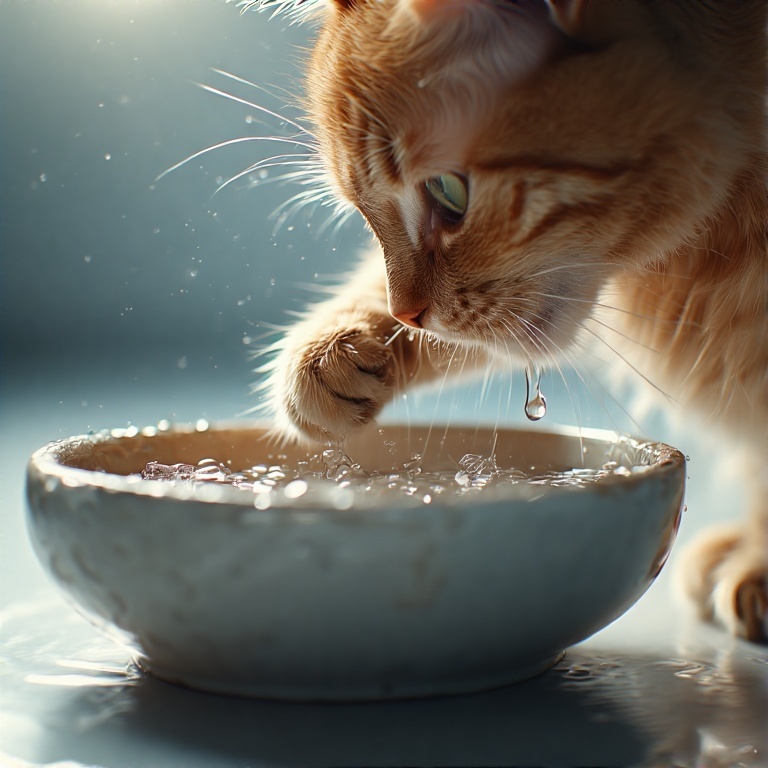 chat met sa patte dans sa gamelle d'eau pour boire
