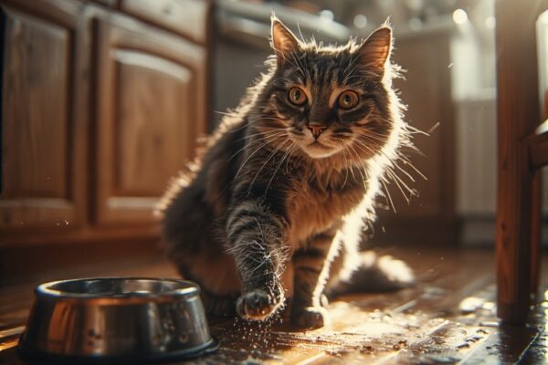 Pourquoi mon chat gratte le sol dans la maison ? 7 raisons (et comment bien réagir) chat grattant le sol de la cuisine près de sa gamelle