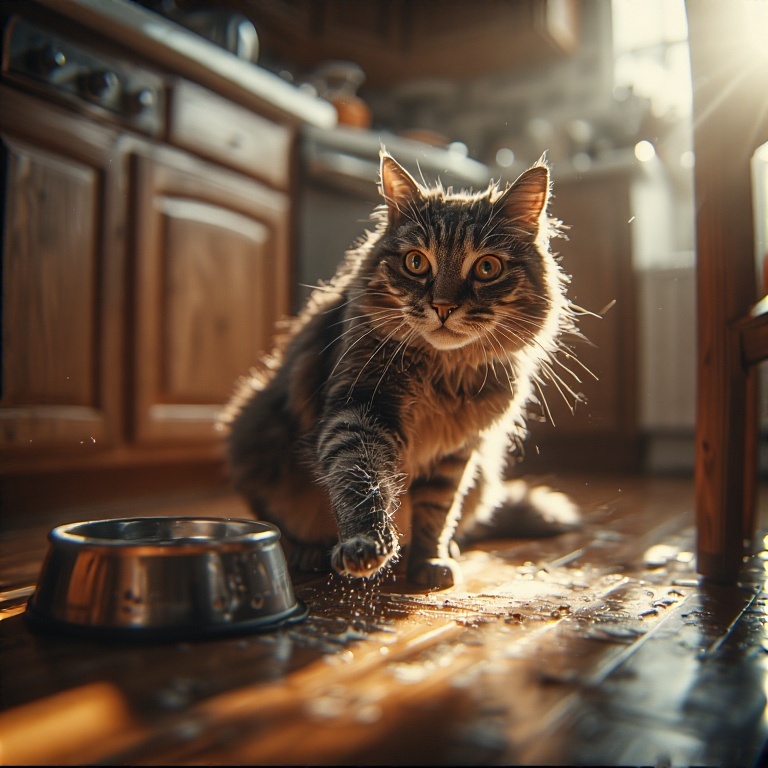 chat grattant le sol de la cuisine près de sa gamelle