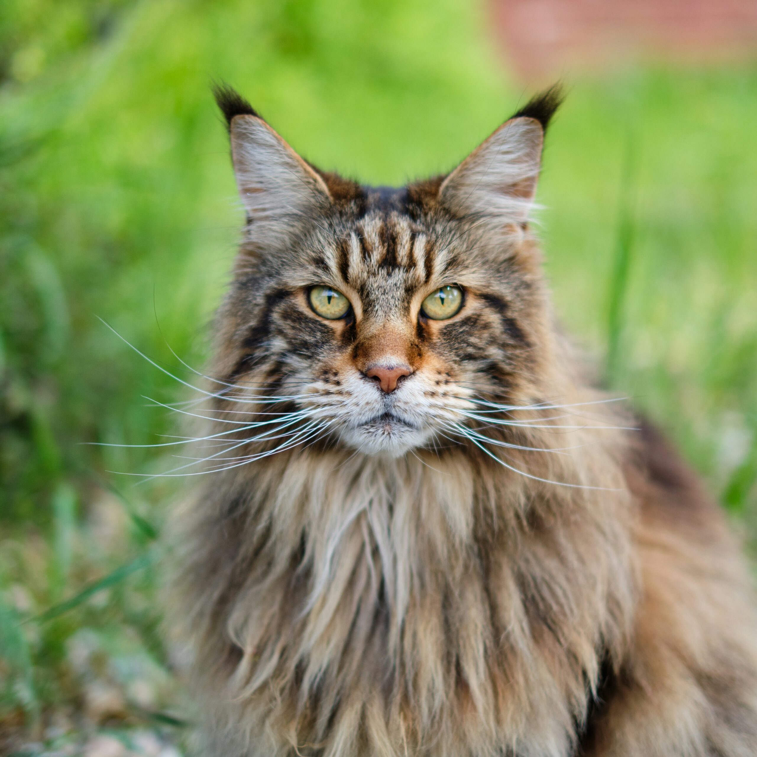 maine-coon assis sur une prairie
